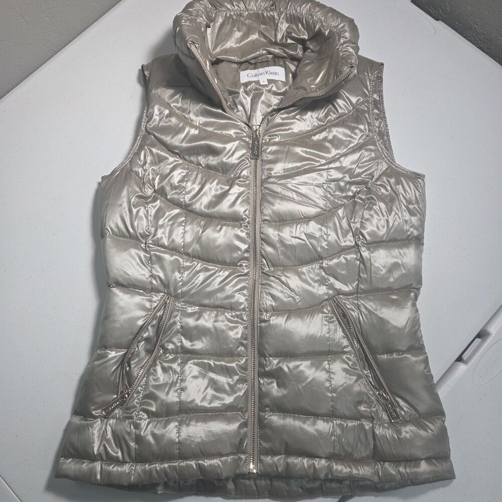 ​Calvin Klein Puffer Vest Womens S Metallic Champagne Gold Quilted Full Zip